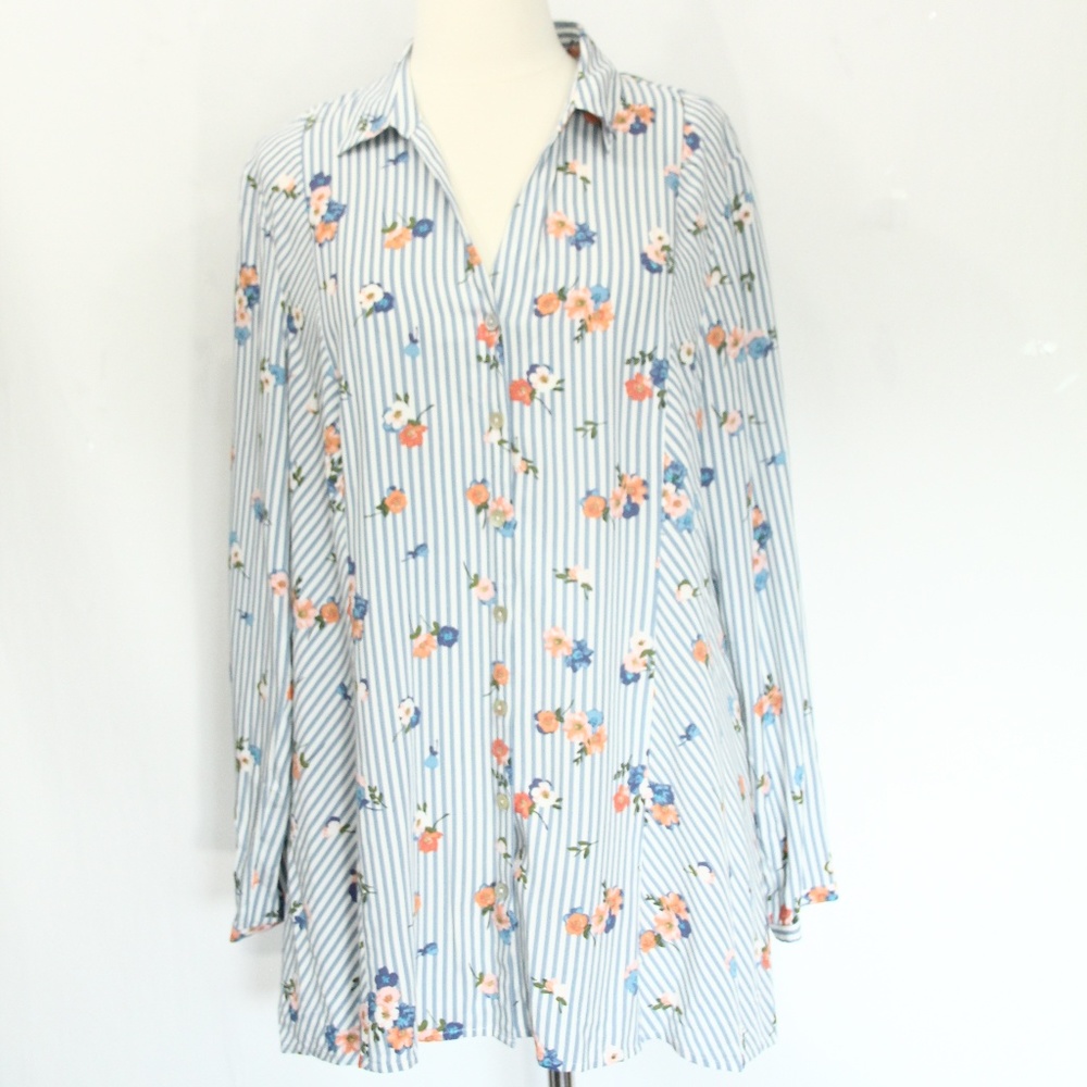 J Jill Tunic Top Women Striped Shirt PL Large Petite Blouse Floral print